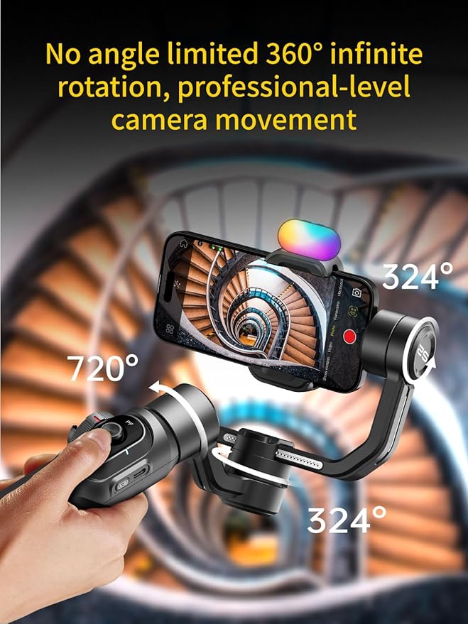 AOCHUAN Gimbal Stabilizer for Smartphone, Phone Gimbal w/8" Extension Rod, Profession 3-Axis Stabilizer w/RGB Magnetic Fill Light for Video Recording, Compatible w/iPhone/Andriod-Smart S2 Kit