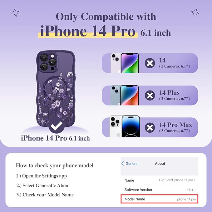 GVIEWIN for iPhone 14 Pro Case Compatible with MagSafe [Curly Wave Edge][Full Camera Protection] Floral Translucent Shockproof Magnetic Women Phone Case for 14 Pro, Floratopia/Deep Purple