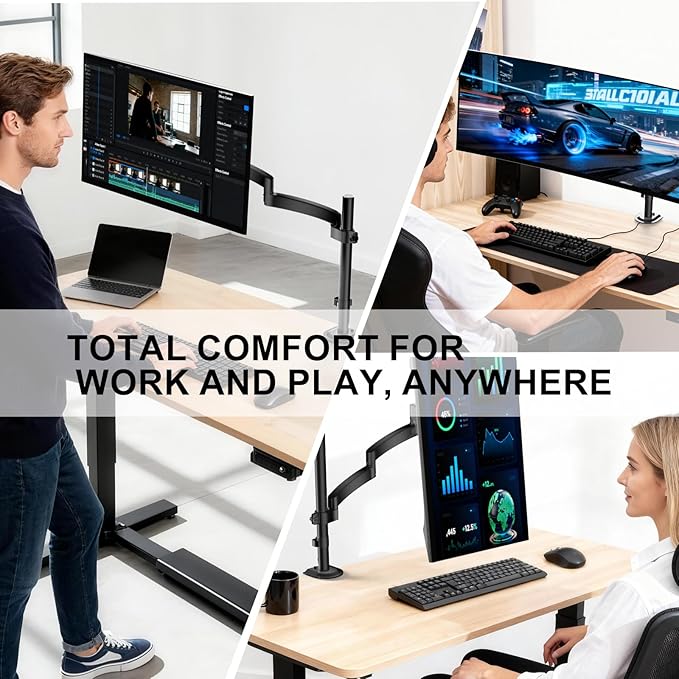 WALI Single Long Monitor Arm - Computer Monitor Arm Desk Mount for 13-32 inch, Hold up to 19.8lbs, Extra Long Adjustable Stand, Full Motion Tall Arm, VESA 75/100mm, (GSDM001L)