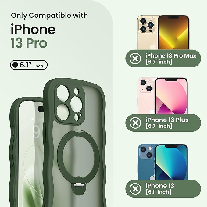 CAPRARO for iPhone 13 Pro Case with 360° Spin Magnetic Stand for Women, [Compatible with MagSafe] [Full Camera Protection] Cute Wave Translucent Matte Case for iPhone 13 Pro, Dark Green