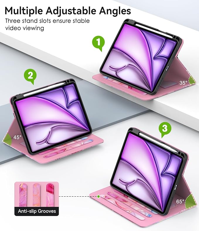 ZoneFoker Case for iPad Air 11-inch M3/ M2 (2025/2024), iPad Air 5th/ 4th Generation 10.9'' (2022/2020), iPad Pro 11 (4th/3rd/2nd/1st Gen), Multi-Angle Stand Cover with Pencil Holder, Marble Pink