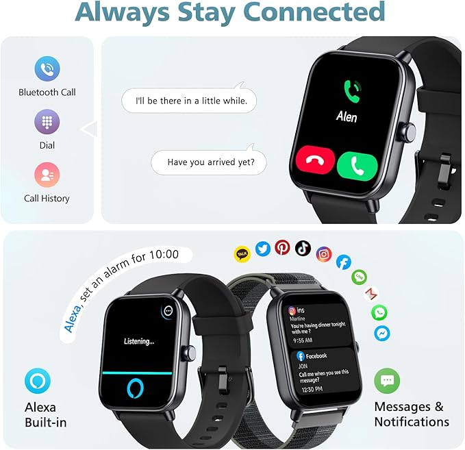 Smart Watch for Women Men, 1.85" Alexa Fitness Tracker with Call & SMS, Heart Rate, SpO2, Stress & Sleep Monitor, IP68 Waterproof Smartwatch for Android iPhone Samsung etc., 100+ Sports Modes, 2 Bands