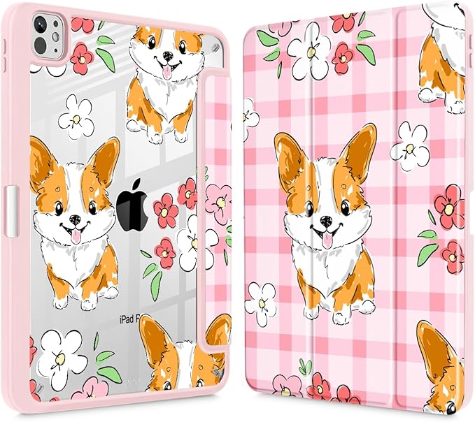 May Chen Case for iPad Pro 11-Inch M5/M4 2025/2024 (6th/5th Generation), [Penceil Holder] Trifold Stand Auto Wake/Sleep Clear TPU Protection Back Cover, Corgi Dog Stripes