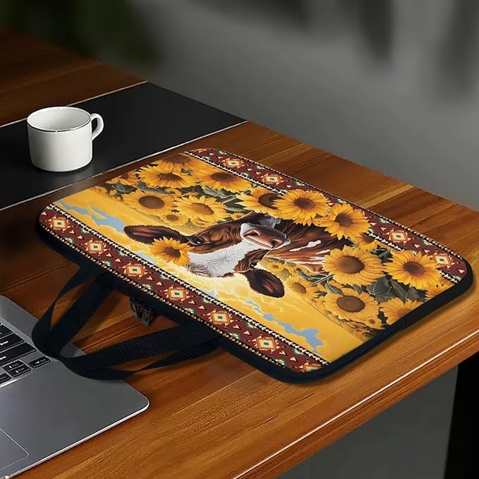 15 Inch Laptop Sleeve, Laptop Cover Computer Bag Tablet Carrying Case with Handle, Tribal Sunflower Cow Water-Repellent Tote Bags Notebook Sleeves Handbag Messenger Briefcase