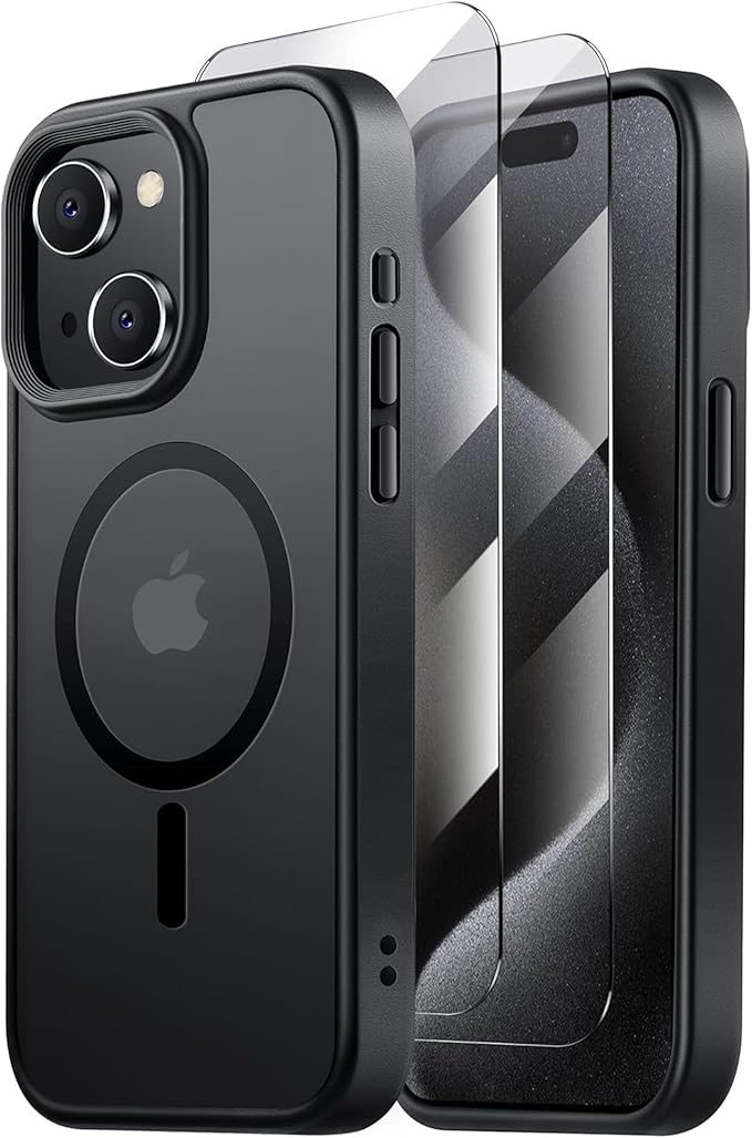 Tigowos for iPhone 15 Case, Compatible with MagSafe [15FT Drop Resistant][2 Tempered-Glass Screen Protectors] Matte Skin-Feeling Shockproof case for iPhone 15 Cases 6.1", Black-Set