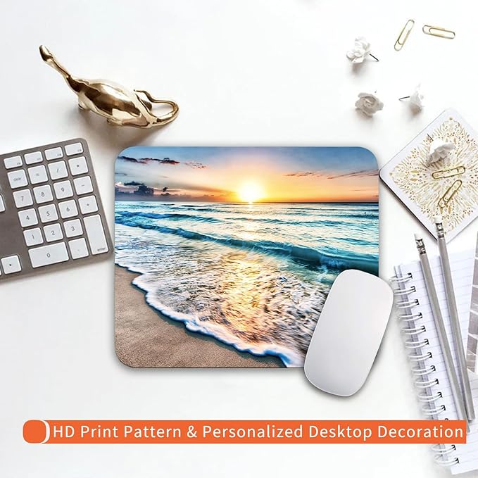 Square Mouse Pad Beach Sunset, Personalized Premium-Textured Custom Mouse Mat Design, Washable Mousepad Cloth, Non-Slip Rubber Base Computer Mouse Pads for Wireless Mouse