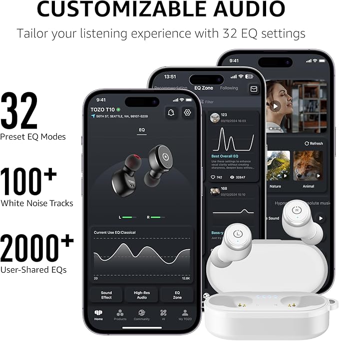 TOZO T10 Wireless Earbuds Bluetooth 5.3 Headphones, App Customize EQ, Ergonomic Design, 55H Playtime, Wireless Charging Case, IPX8 Waterproof Sound in-Ear Headset, New Version