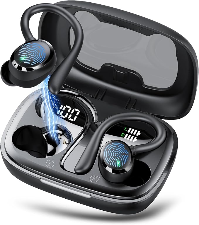 KT1 Bluetooth Headphones Wireless Earbuds 72hrs Playtime Wireless Charging Case Digital Display, Ear Buds with Earhook,IPX7 Waterproof, Deep Bass 2.0,Over-Ear Earphones for Sport Running, Black