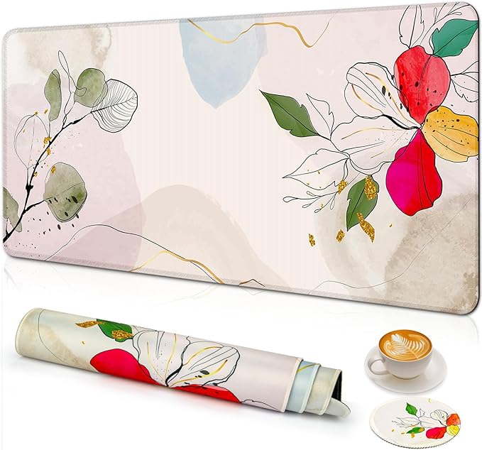 Large Gaming Mouse Pad with Coaster, Desk Matt for Desktop, Desk Pad, Mouse Pads Mat, Stitched Edges Big Extended Mousepad for Computer Keyboard Laptop Office Decor, 31.5'' x15.6''-Flowers&Leaves