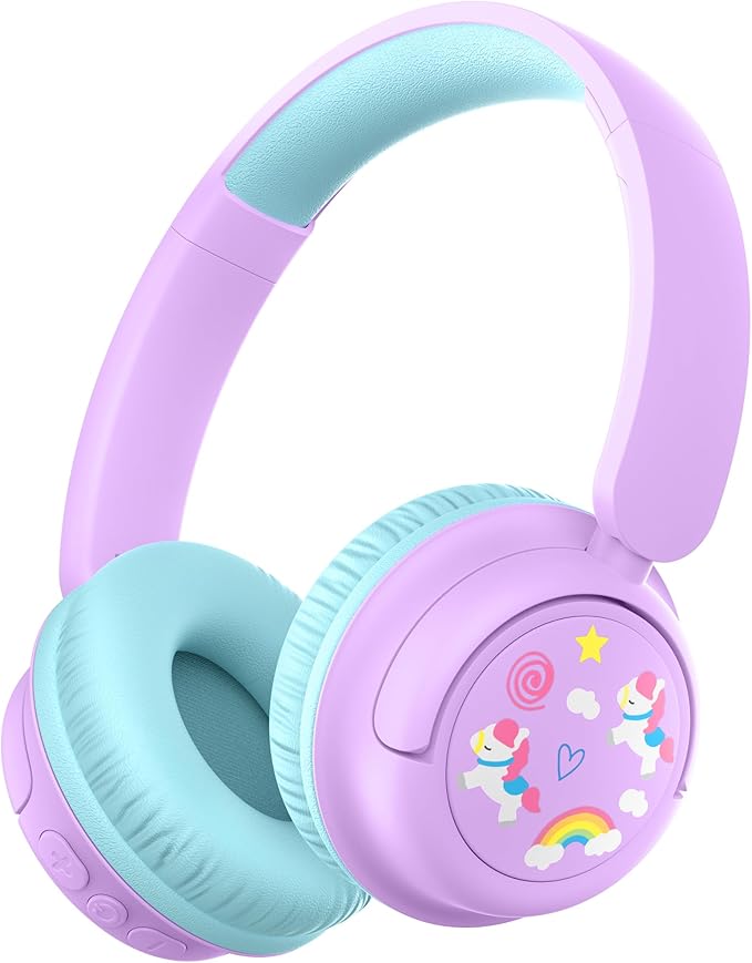 iClever BTH22 Kids Bluetooth Headphones, 60H Play Time, 74/85 dBA Safe Volume, Bluetooth 5.4, USB C, Over Ear Kids Headphones Wireless with Mic AUX Cord for iPad/Tablet/Travel/School, Purple/Green
