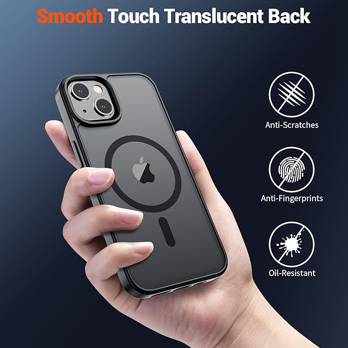 SUPFINE Magnetic for iPhone 15 Plus Case & iPhone 14 Plus Case(Compatible with MagSafe)(Military Grade Drop Protection) Translucent Shockproof Phone Cover,Black