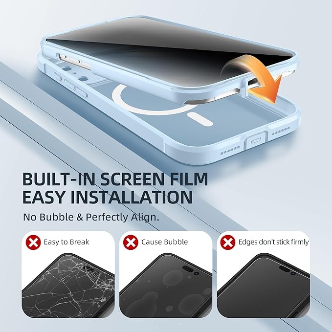 BERFY for iPhone 17 Pro Case, Compatible with MagSafe, Built-in Privacy Screen Protector, Camera Protection, Shockproof Full Body Phone Case 6.3", Translucent Light Blue