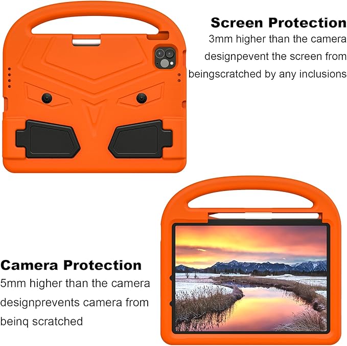 Kids Case for Apple iPad Air 11 inch M3/M2 & iPad Pro 11 inch M5/M4 (2025/2024) with Pencil Holder/Handle/Kickstand Lightweight Soft EVA Foam Shockproof Stand Girls Boys Cover, Orange Bird