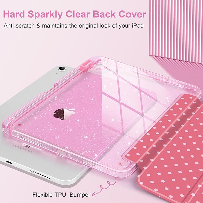 DONGKE for iPad Pro 11 inch Case – Fits M5 2025 / M4 2024, Shockproof Sparkling Glitter Acrylic Back, Pencil Holder, Trifold Stand, Auto Sleep/Wake & Touch ID Support - Dark Pink Polka Dot
