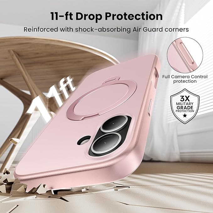 360°Ring Stand for iPhone 17 Case, Compatible with MagSafe, Military-Grade Protective,Anti-Yellowing, Scratch-Resistant Back Cover Phone Case for iPhone 17 6.3", Light Pink