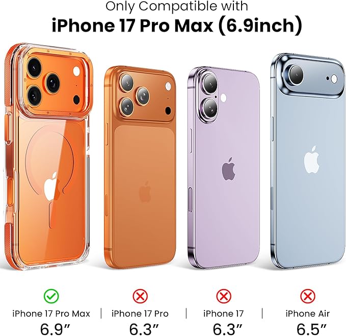 Anti-Yellowing for iPhone 17 Pro Max Case，1X Screen Protector +1X Camera Lens, [Compatible with MagSafe] [12FT Military Grade Drop] Slim Thin Phone Cover 6.9 Inch,Clear Orange