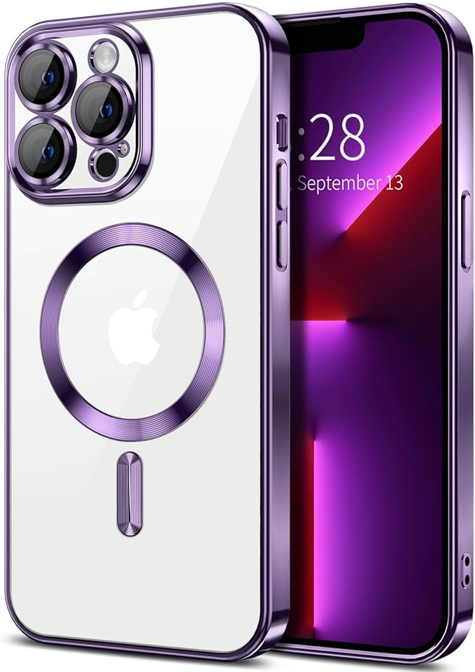 Hython Magnetic Clear for iPhone 13 Pro Max Case with Camera Lens Protector [Compatible with MagSafe] Plating Edge Slim Soft TPU Cover Protective Phone Case for iPhone 13 Pro Max 6.7", Deep Purple