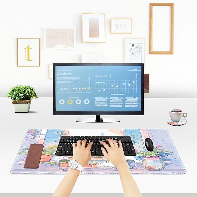 ToLuLu Extended Gaming Mouse Pad, Memory Foam Ergonomic Keyboard Mouse Wrist Rest Support Set, Large Desk Mat with Stitched Edges, Non-Slip Base Mousepad for Home Office and Game, Purple Cute Cat