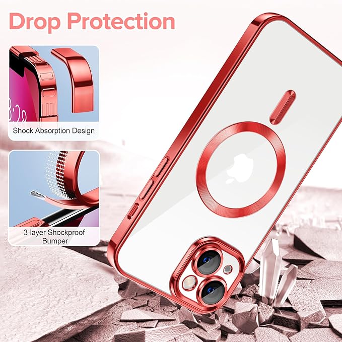 Hython Magnetic Clear for iPhone 13 Case with Camera Lens Protector [Compatible with MagSafe] Luxury Plating Edge Slim Soft TPU Cover Protective Phone Case for iPhone 13 6.1", Red