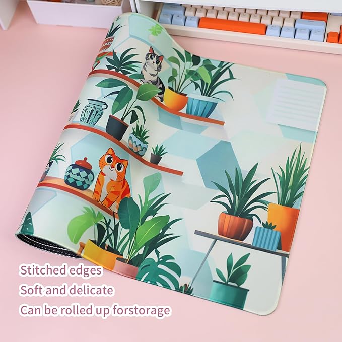 PERFECTSIGHT Cute Cat Desk Pad Kawaii Plant Kitty Desk Mat, Large Gaming Mouse Pad, Funny Deskmat Mousepad, Laptop Keyboard Pad Office Home Decor for Women Girls, Green