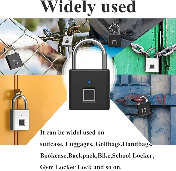 HIFAM Fingerprint Padlock, Keyless Biometric Gate Locks for Outdoor Fence Storage Gym, Smart Lock with USB Rechageable (Black)