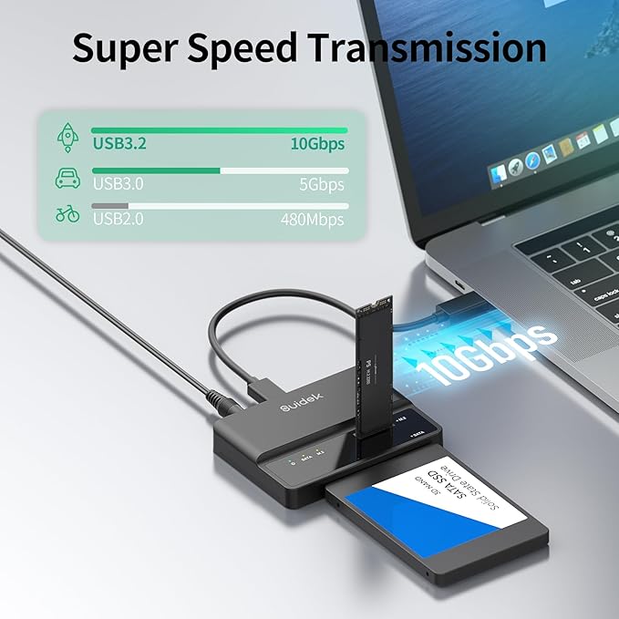 SUIDEK NVMe SSD Enclosure, 10Gbps USB to M.2 and SATA Adapter Tool Free PCIe NVMe External Hard Drive Reader Compatible with M.2(M Key&M+B Key) Any Sizes and 2.5"/3.5" SATA SSD/HDD