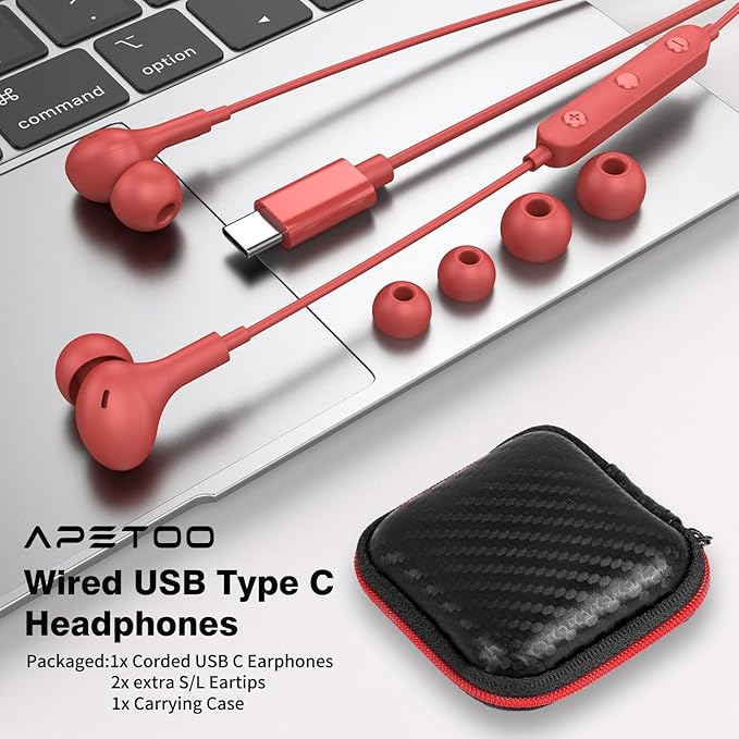APETOO USB C Headphones for iPhone 17/16/15 Wired Earbuds for Samsung Galaxy S26/S25/S24/S23/S22 Magnetic Noise Isolating in-Ear Type C Earphones with Mic Volume Control for iPad 10/Pixel/Android, Red