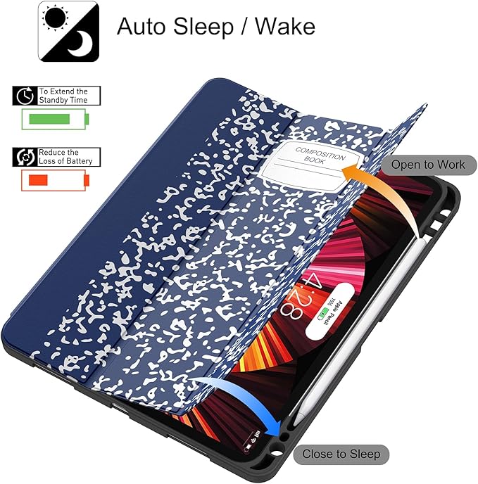 Soke for iPad Pro 11 Case (M2) 2022/2021/2020 with Pencil Holder - [Full Body Protection + Apple Pencil Charging + Auto Wake/Sleep], Soft TPU Back Cover for 2022 iPad Pro 11 inch(B-Book Navy)