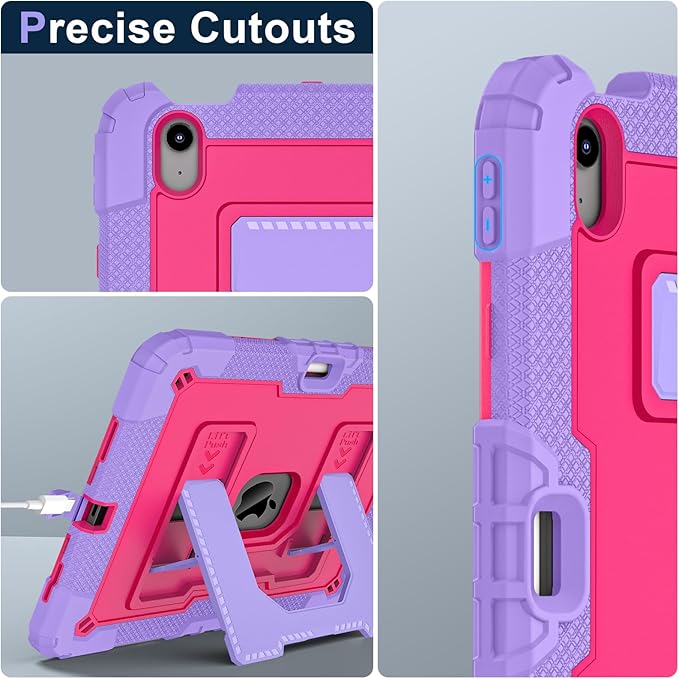 Kids Friendly Case for iPad Air 11 Inch M4 M3 M2 2026/2025/2024 Case with Pencil Holder & Shoulder Strap, Military Grade Shockproof Kickstand Hard Shell Protective Cover,Rose+Purple