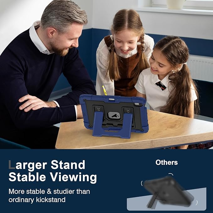Kids Friendly Case for iPad Air 11 Inch M4 M3 M2 2026/2025/2024 Case with Pencil Holder & Shoulder Strap, Military Grade Shockproof Kickstand Hard Shell Protective Cover,Blue+Black
