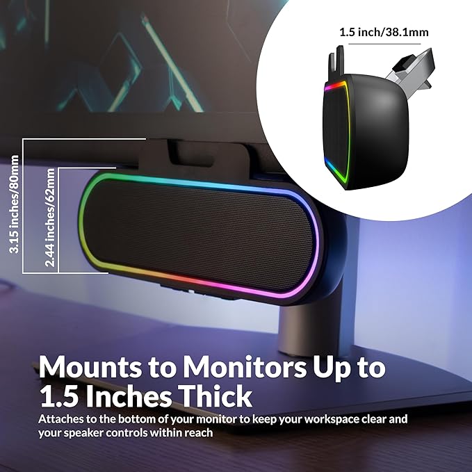Cyber Acoustics USB Speaker Bar with LED Lights (CA-2890GX) – USB Powered Speaker Bar for PC and Mac, Dynamic LED Lights Sync to Music, Clamps to Monitors up to 1.5 Inches, Great for Music and Gaming