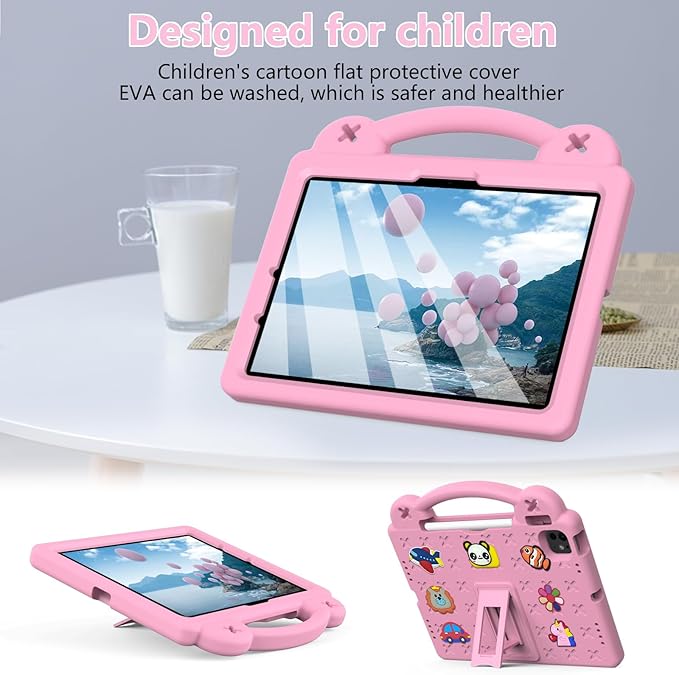 Dteck Case for iPad Air 13 Inch,iPad Pro 13 inch 2024 M4 Kids Case,iPad Pro 12.9 Case 6th/5th/4th/3rd Gen,Cartoon Panda Shockproof Rugged Lightweight Convertible Stand Handles Kids Friendly Case,Pink