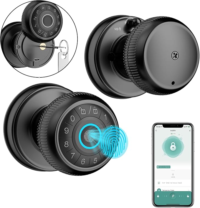 BIWIBON 4-in-1 Smart Door Knob, Fingerprint Door Knob with App Control, Smart Fingerprint Door Lock with Keypad, Real Privacy Mode, Auto Lock, Ideal for Home, Bedroom, Garages &Office, Black,1 Pack