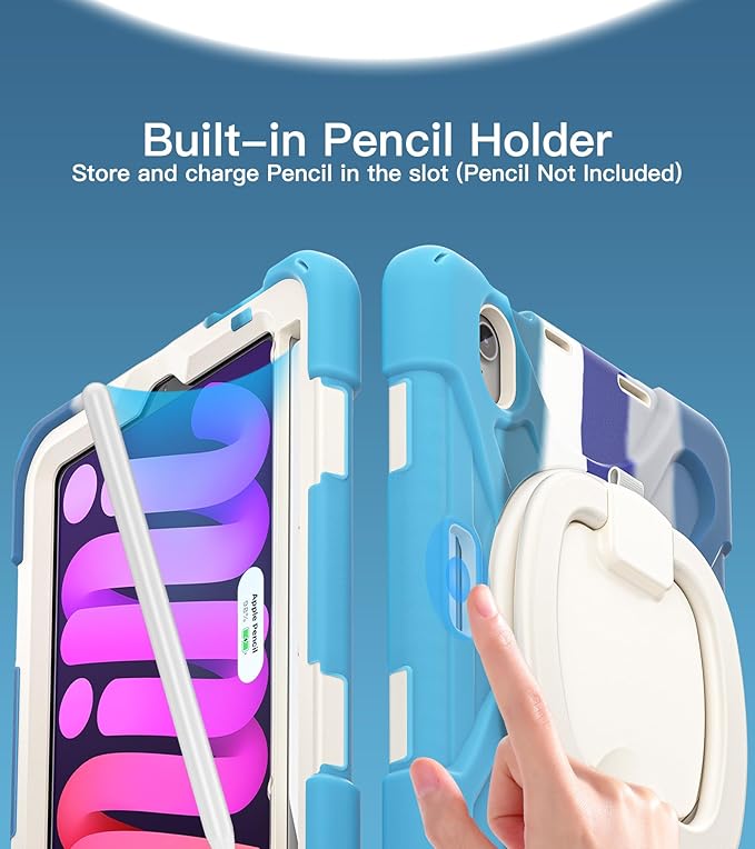BATYUE Case for iPad Mini 7 A17 Pro 2024/iPad Mini 6 2021 8.3 Inch with Pencil Holder, 360 Rotating Stand, Shoulder Strap, Handle Grip, Shockproof Rugged Case for iPad Mini 7th/6th Gen, Colourful Blue