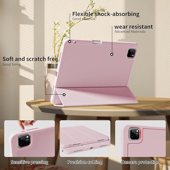 New iPad Pro 13 Inch Case (M5) 2025 / (M4) 2024 with Pencil Holder | Slim Protective Trifold TPU Back | Support Apple Pencil Pro & USB-C Charging | Auto Wake/Sleep (Pink)