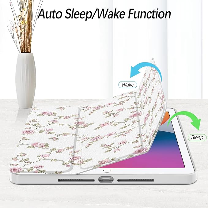 Case for iPad pro 10.5 inch 2017/ iPad Air 3rd Generation 2019, Case with Pencil Holder, Stand Clear Back Cover Cute Cool Design for Women Girls, Auto Sleep/Wake, Pink Flower