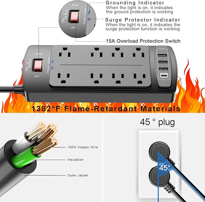 Surge Protector Power Strip - Nuetsa Flat Plug Extension Cord with 8 Outlets and 4 USB Ports, 6 Feet Power Cord (1625W/13A), 2700 Joules, ETL Listed, Black