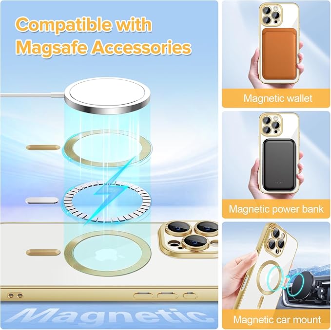 Hython Magnetic Clear for iPhone 16 Pro Max Case with Camera Lens Protector [Compatible with MagSafe] Plating Edge Slim Soft TPU Cover Protective Phone Case for iPhone 16 Pro Max 6.9", Matte Gold