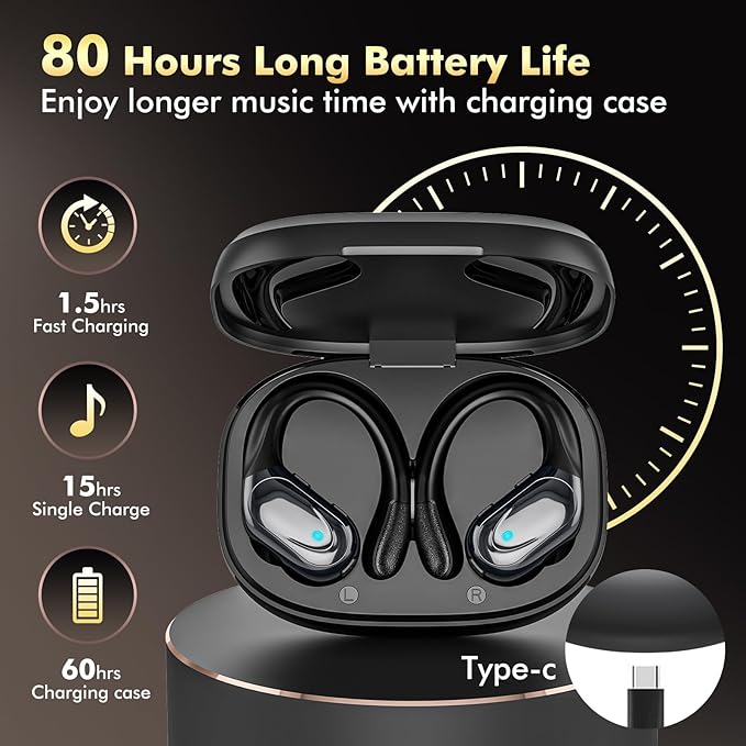 Wireless Earbuds Bluetooth Headphones 80hrs Playback Ear Buds Power Display with Noise Canceling Mic Headsets for Sports/Workout/Running Black