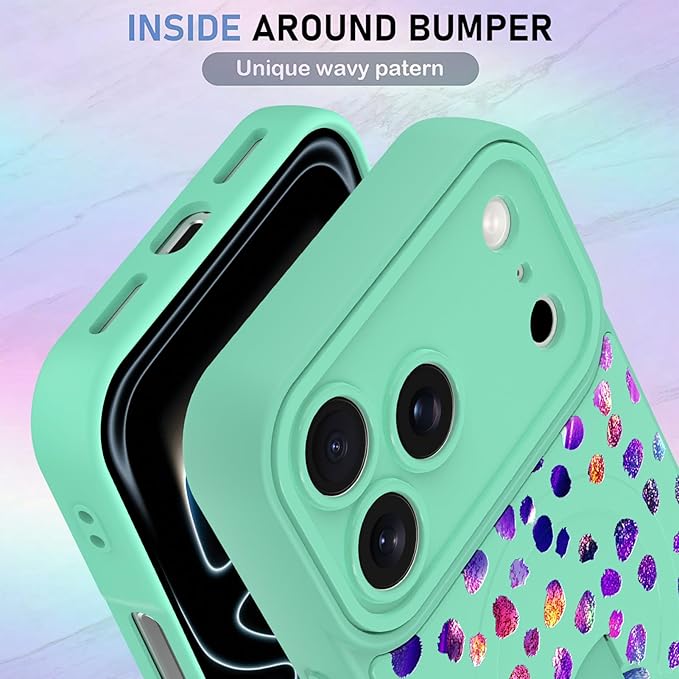 KANGHAR Compatible with iPhone 17 Pro Max Case, Support for MagSafe, Silicone Cute Iridescent Pattern Leopard Print Cheetah, Wristband Kickstand Shockproof Soft Slim Cover for Girls Women, Green