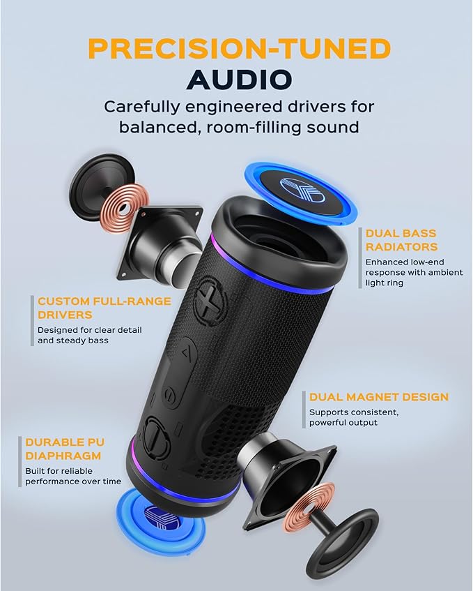 TREBLAB HD77 – Waterproof Bluetooth Speaker, 30W Loud 360° Sound, Deep Bass, IPX7, TWS Pairing, RGB Lights, 20H Battery, Portable Wireless Speaker for Outdoor, Beach, Camping, Party, Travel