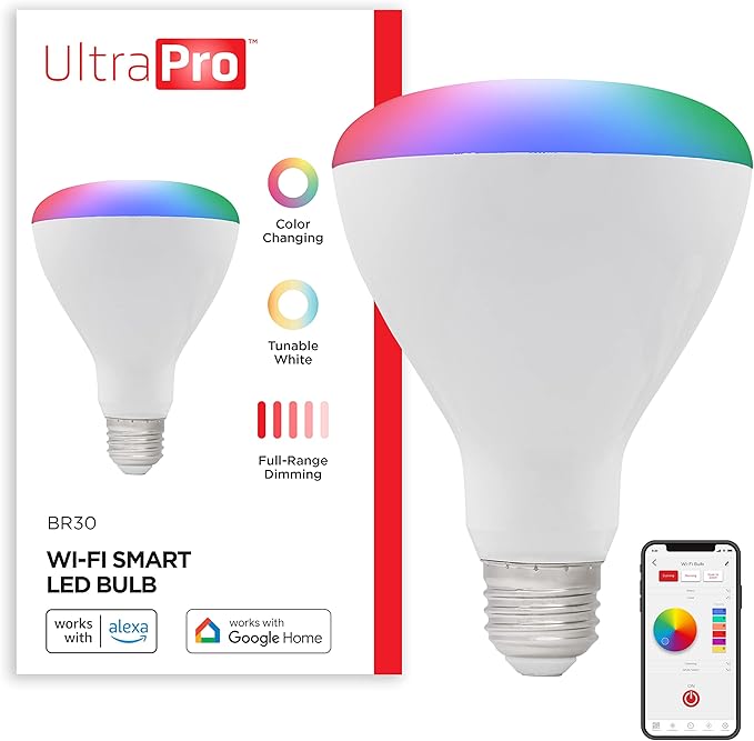 UltraPro Wi-Fi LED Smart Light Bulb, BR30, 65W Equivalent, RGB, Color Changing, White Select Tunable 2700K - 6500K, Dimmable, 2.4GHz Router Required, Circadian Rhythm, Easy-to-Use App, 51447