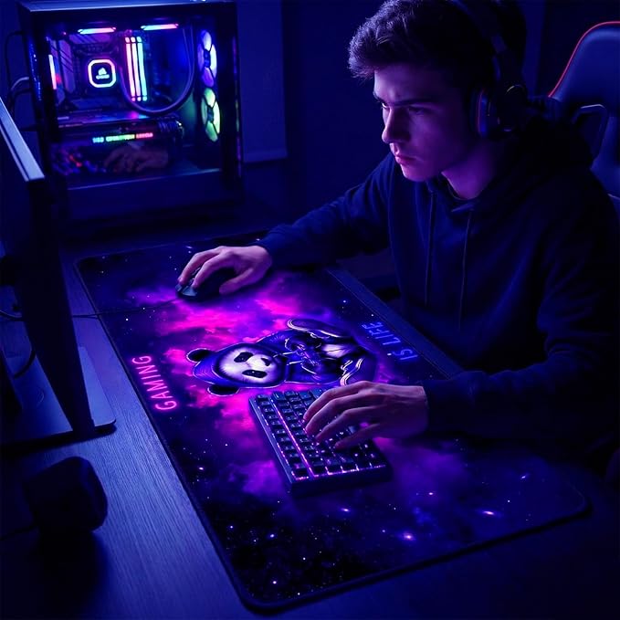 Blacklight Gaming Mouse Pad – UV Reactive Neon Panda Gamer Design, Glow in The Dark RGB Desk Mat, Smooth Precision Surface with Non-Slip Rubber Base for PC & Console Gaming - 31.5" x 11.8"