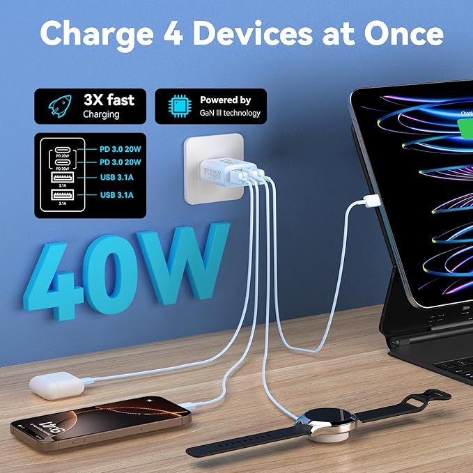 USB C Charger Block, 2Pack 40W 4 Ports Type C Fast Phone Charging Cubes PD USBC Wall Plug+QC 3.0 USB A Charger Power Brick Box for iPhone 16/15/14/13/12/11 Pro Max, Galaxy,Gradient Purple+Blue