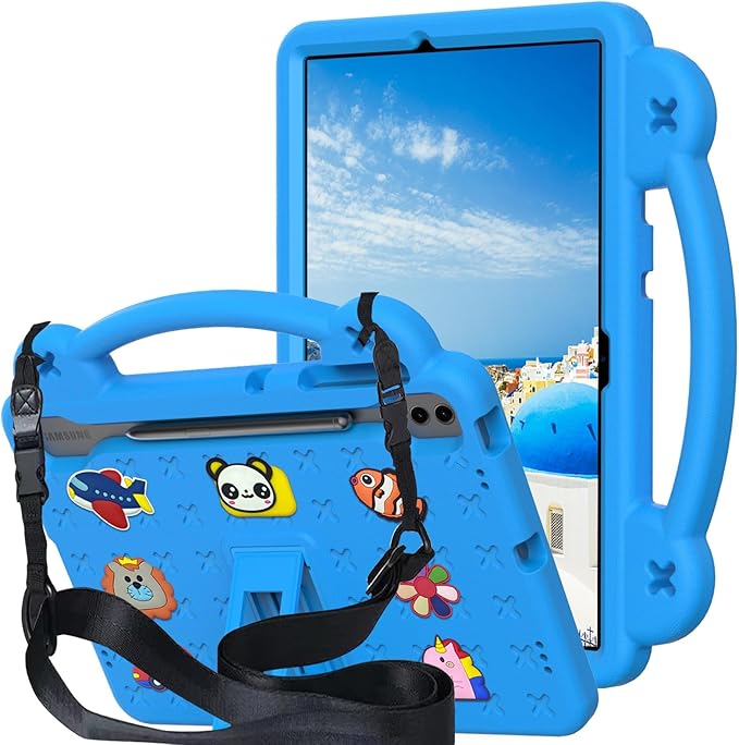 AKABEILA Compatible with Samsung Galaxy Tab S7 FE 12.4(2021)/Tab S7 Plus(2020)/Tab S8 Plus(2022) 12.4/Tab S9 Plus(2023) 12.4 Tablet Case, Stand Handle & Pen Tray for Girl Kid Gift Sky Blue