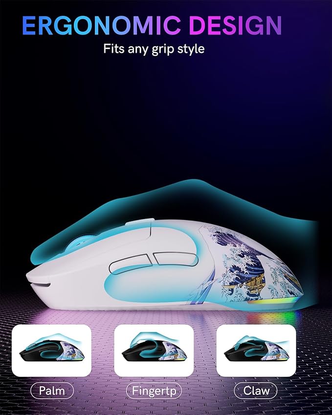 G57 Wireless Gaming Mouse, 8000 DPI, 80g, 2.4G/Bluetooth/USB-C Rechargeable Wireless Mouse with 5 Programmable Buttons for PC/Mac, White