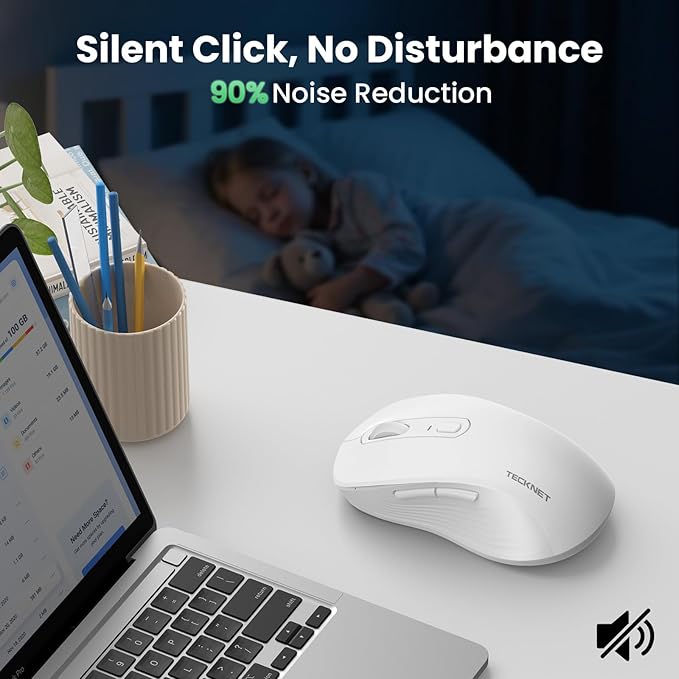 TECKNET Rechargeable Bluetooth Mouse, [ USB + BT5.0 + BT3.0 ] Wireless Mouse, Ergonomic Design, Silent Click, 6-Level 4800 DPI Wireless Mice, 3-Device Switching for Laptop, Computer, MacBook（White）