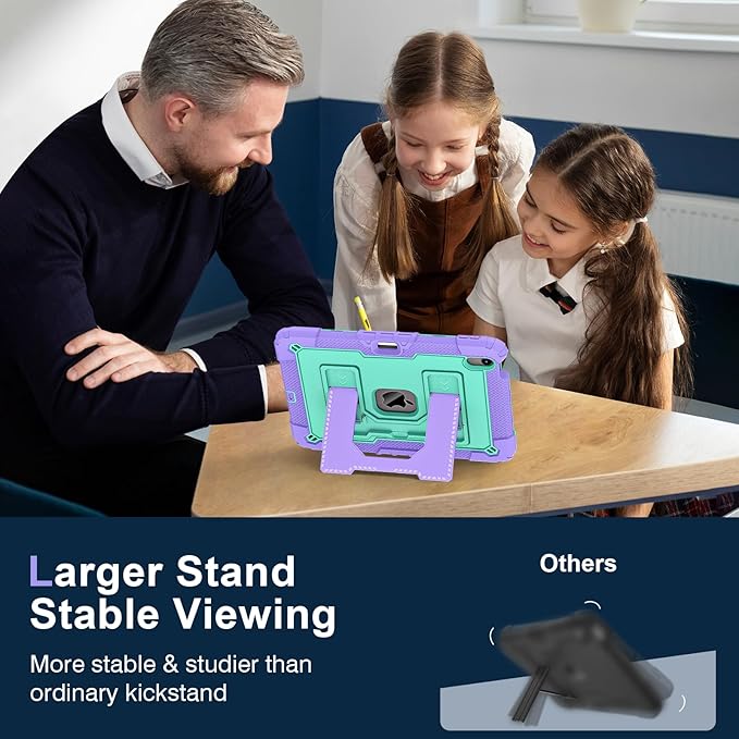 Kids Friendly Case for iPad Air 11 Inch M4 M3 M2 2026/2025/2024 Case with Pencil Holder & Shoulder Strap, Military Grade Shockproof Kickstand Hard Shell Protective Cover,Purple+Mint