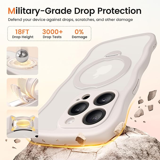 CAPRARO for iPhone 13 Pro Case with 360° Spin Magnetic Stand for Women, [Compatible with MagSafe] [Full Camera Protection] Cute Wave Translucent Matte Case for iPhone 13 Pro, Stone