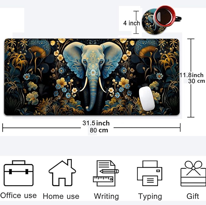 Large Mouse Pad, 31.5 x 11.8in Extended Gaming Mouse Pad with Stitched Edges, XXL Mousepad Protector Non Slip Rubber Base for Office Home Writing Mat,Flowers Ornate Elephant Pattern Black Desk Mat
